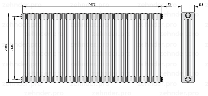 Схема (чертеж) Радиатор Zehnder Charleston 4220/32 №1270 Белый глянцевый RAL 9016